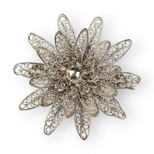 Spun Silver Filigree Flower Brooch Vintage Delicate Layered Petal Broach 1.75"